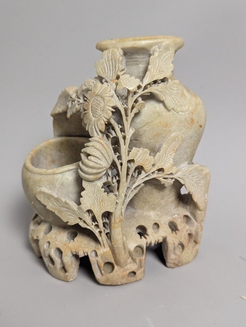 Lot of 8 Vintage Chinese Soapstone Carvings with Floral and Fruit Motifs - 4