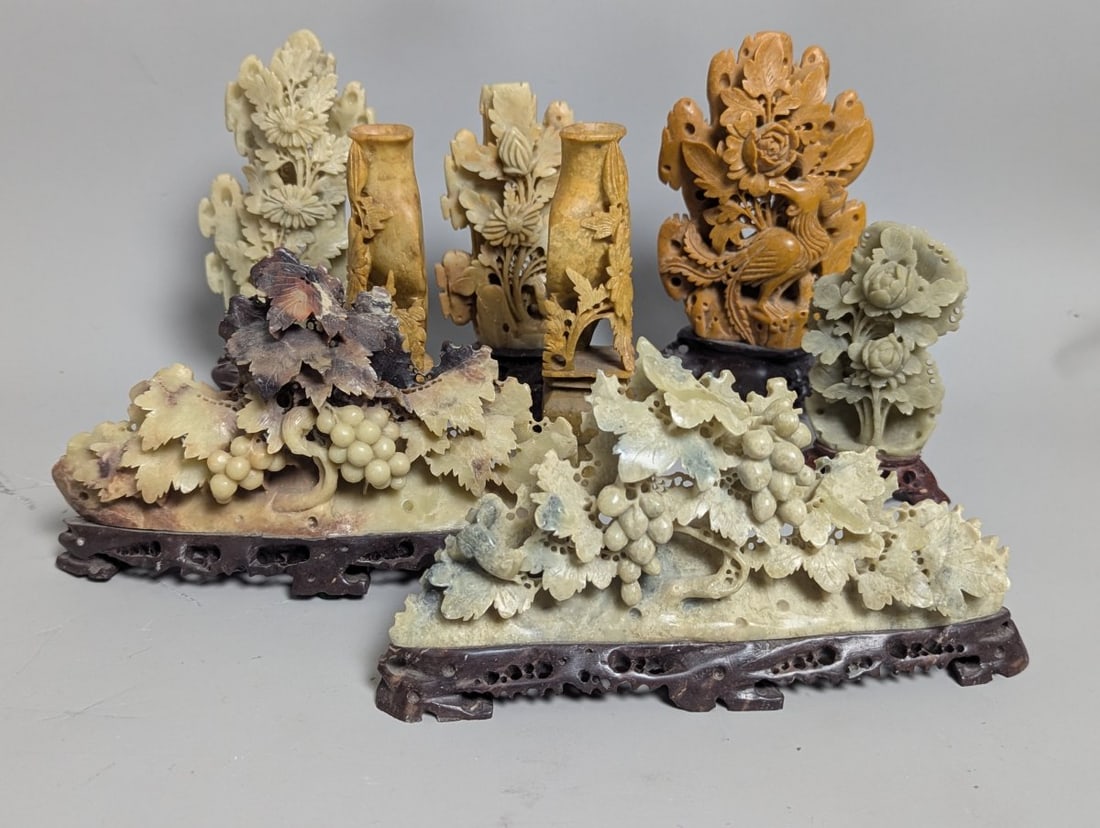 Lot of 8 Vintage Chinese Soapstone Sculptures Floral Fauna Vases and Grapes Decorative Art: **Important** Please read below description on how to avoid high shipping costs. Presenting a stunning Lot of 8 vintage Chinese decorative sculptures, all expertly carved from soapstone in various int