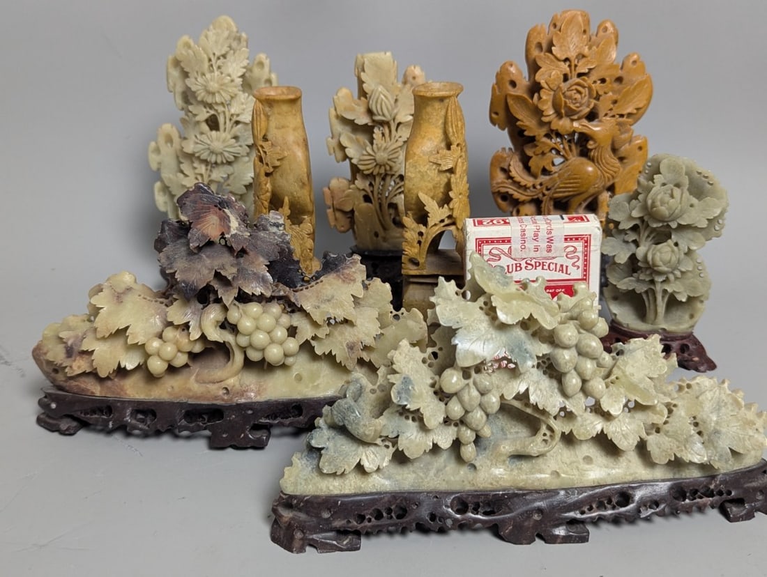 Lot of 8 Vintage Chinese Soapstone Sculptures Floral Fauna Vases and Grapes Decorative Art - 2