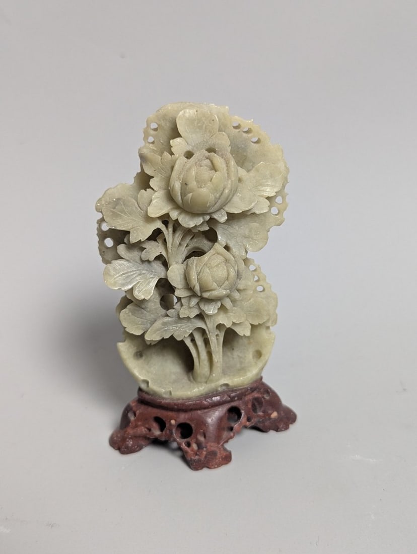 Lot of 8 Vintage Chinese Soapstone Sculptures Floral Fauna Vases and Grapes Decorative Art - 5