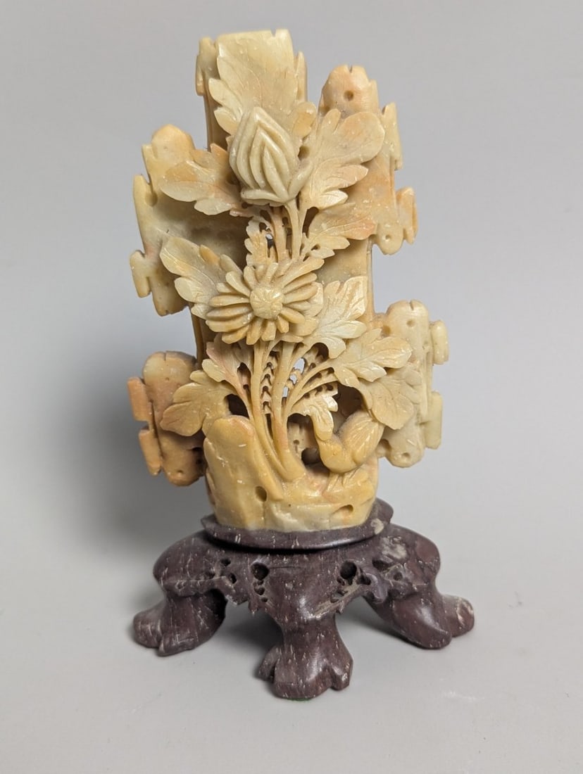 Lot of 8 Vintage Chinese Soapstone Sculptures Floral Fauna Vases and Grapes Decorative Art - 6