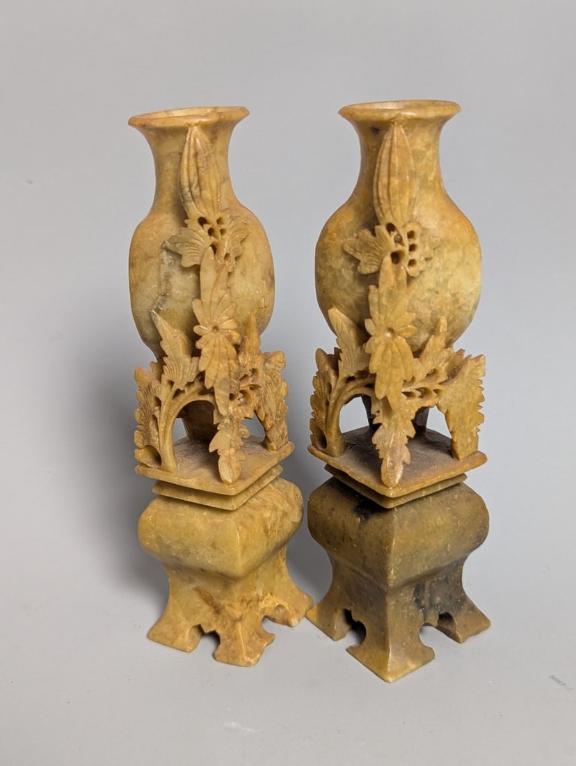 Lot of 8 Vintage Chinese Soapstone Sculptures Floral Fauna Vases and Grapes Decorative Art - 7
