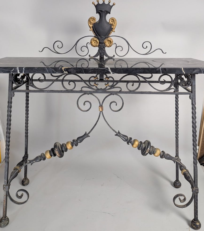 Antique Neoclassical Style Wrought Iron and Marble Console Table for Chic Home Decor (1 of 8)
