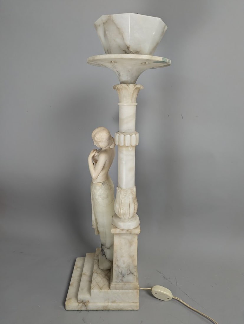 Art Deco Carved Alabaster Figural Lamp Elegant Design 29 High Stunning Decor Piece - 8