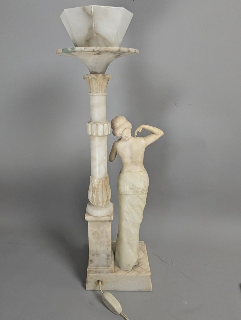 Art Deco Carved Alabaster Figural Lamp Elegant Design 29 High Stunning Decor Piece - 9