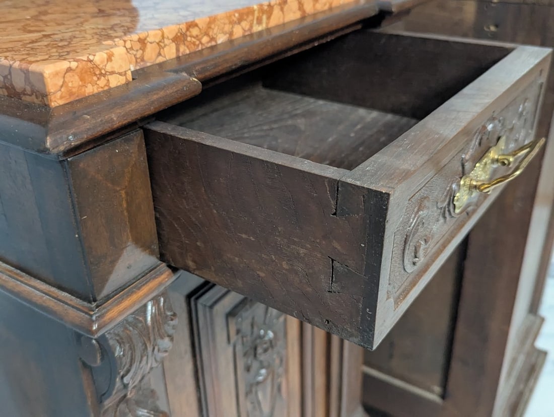 Antique French Henri II Walnut & Marble Top Nightstands - Matching Pair - 10
