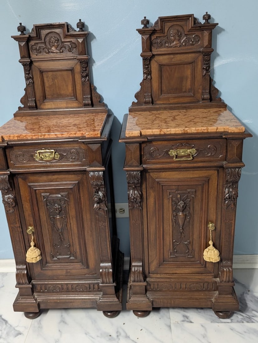 Antique French Henri II Walnut & Marble Top Nightstands - Matching Pair: **Important** Please read below description on how to avoid high shipping costs. Presenting a stunning matching pair of Antique French Henri II / Renaissance Revival nightstands, each featuring