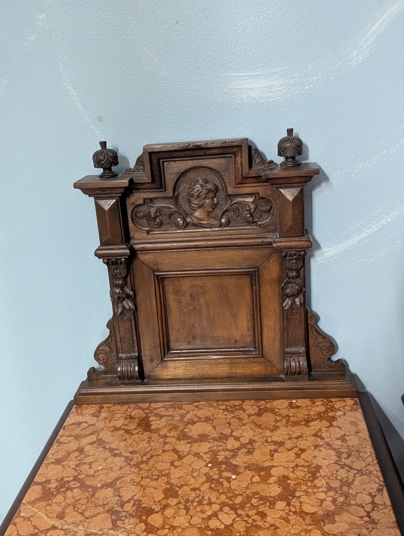 Antique French Henri II Walnut & Marble Top Nightstands - Matching Pair - 3