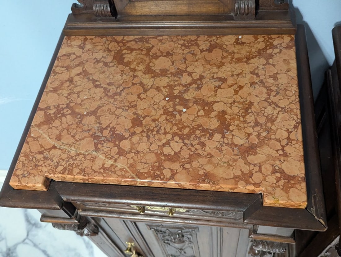 Antique French Henri II Walnut & Marble Top Nightstands - Matching Pair - 4