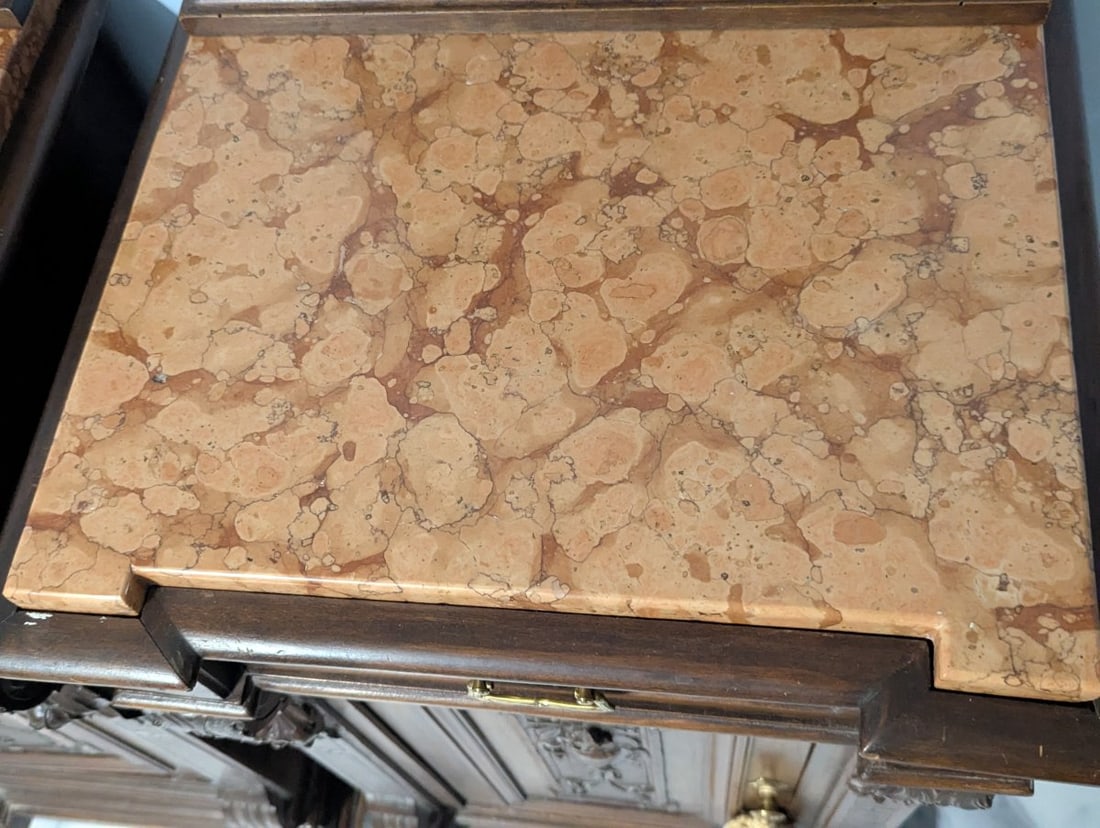 Antique French Henri II Walnut & Marble Top Nightstands - Matching Pair - 5