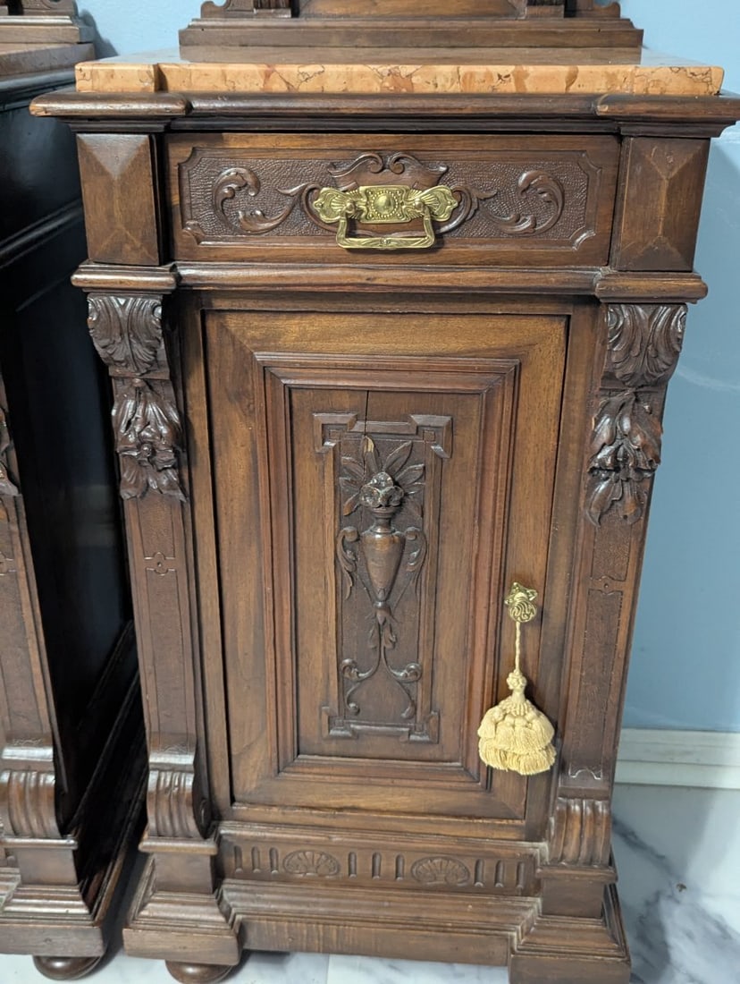 Antique French Henri II Walnut & Marble Top Nightstands - Matching Pair - 6