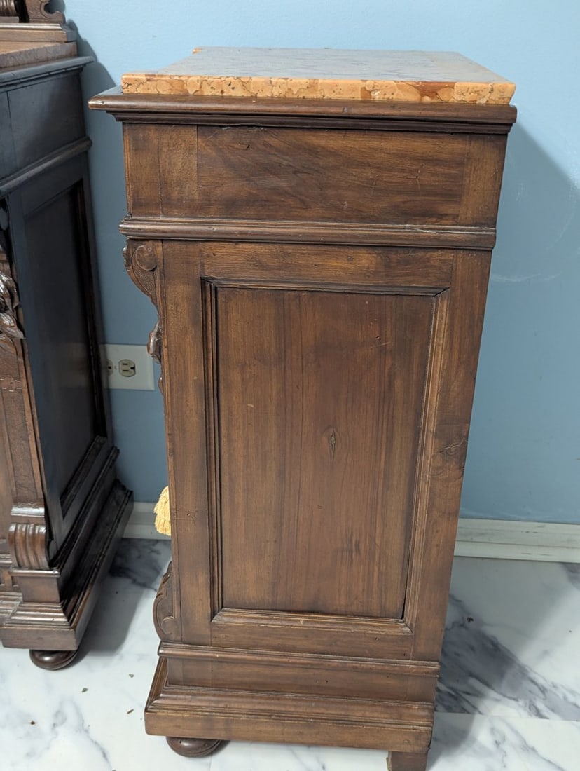 Antique French Henri II Walnut & Marble Top Nightstands - Matching Pair - 7