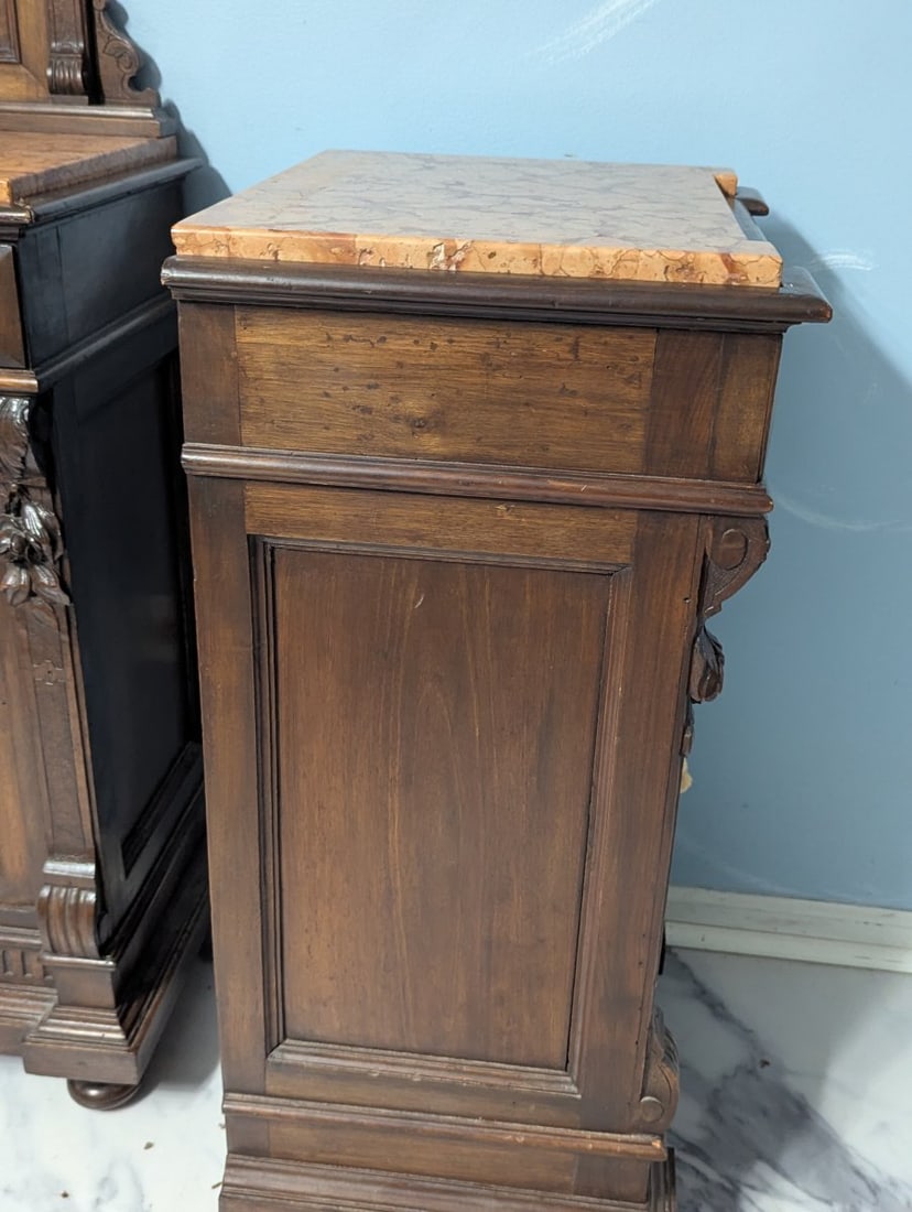 Antique French Henri II Walnut & Marble Top Nightstands - Matching Pair - 9