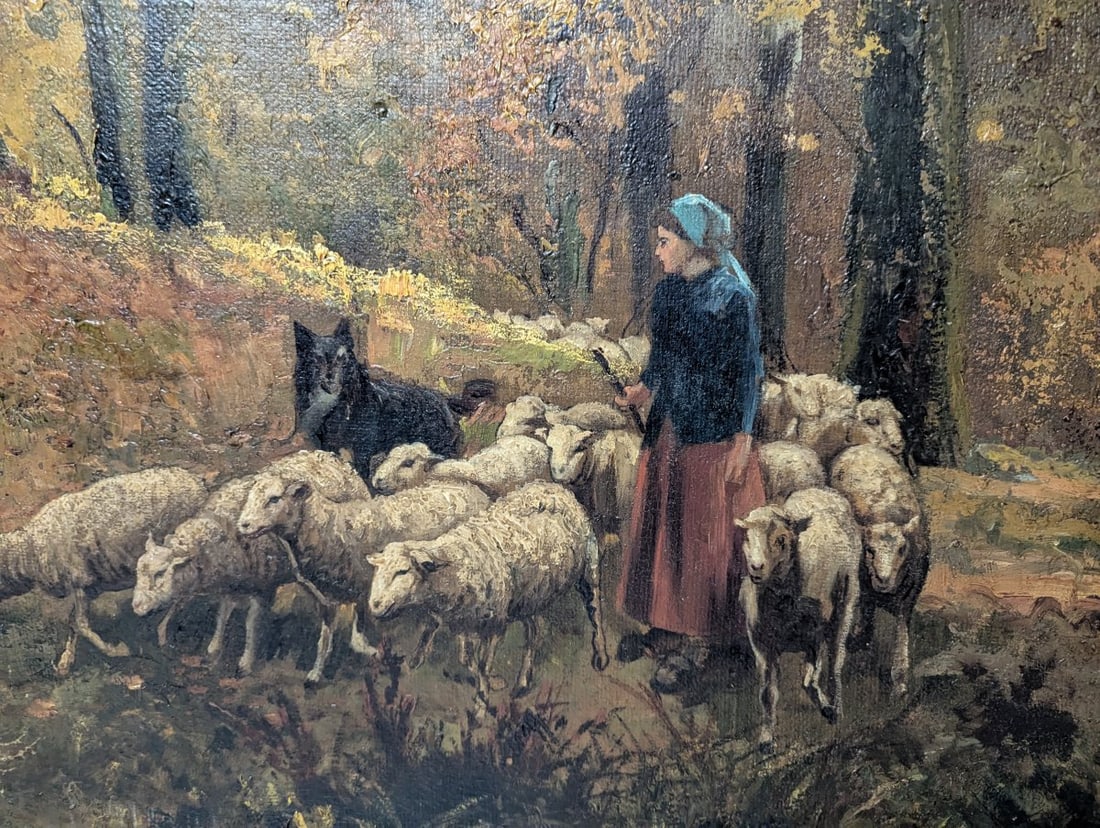 Lajos Karpathy Hungarian Oil Painting Shepherdess with Flock Pastoral Scene - 10