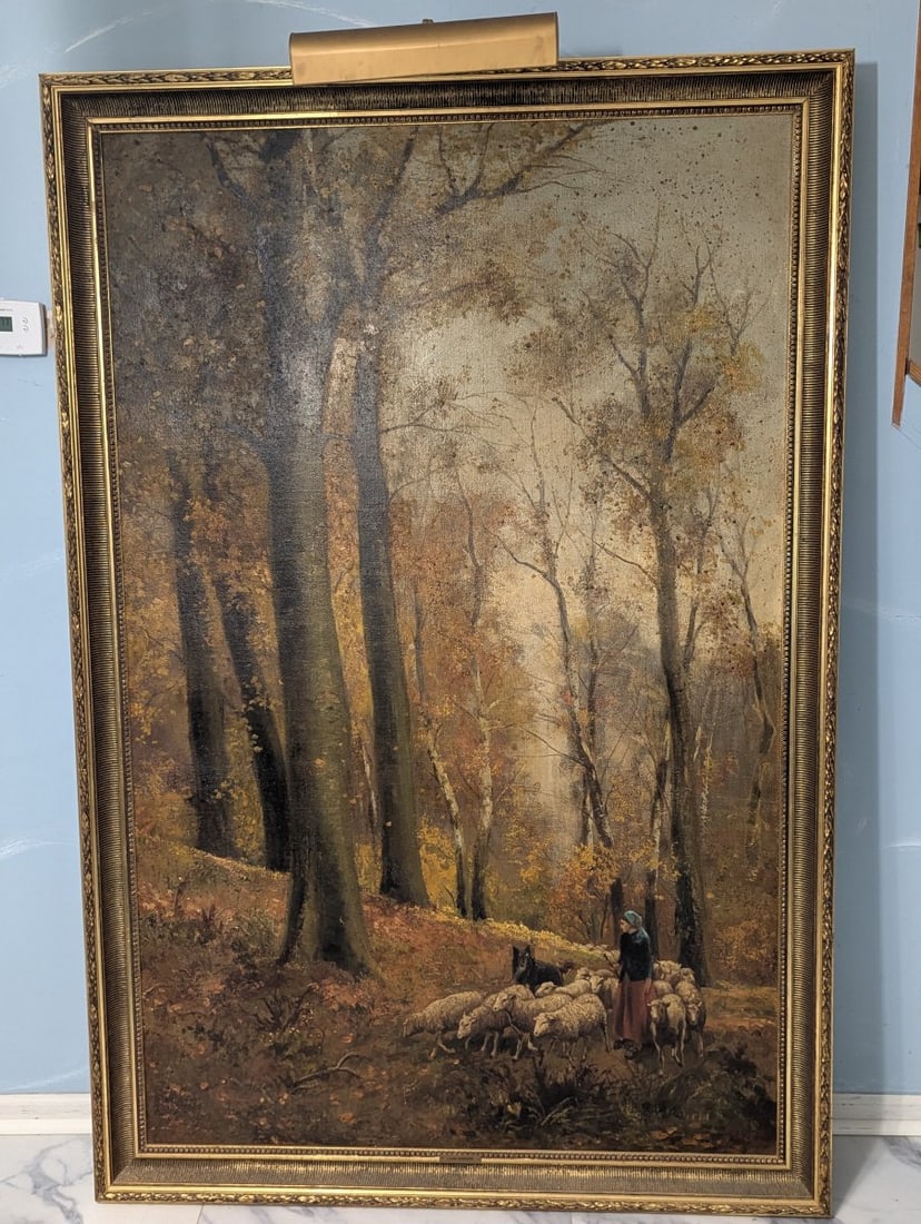 Lajos Karpathy Hungarian Oil Painting Shepherdess with Flock Pastoral Scene (1 of 16)