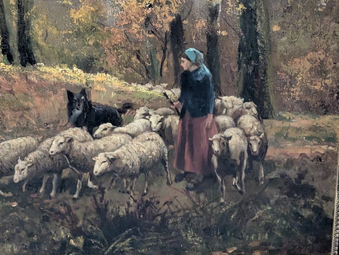 Lajos Karpathy Hungarian Oil Painting Shepherdess with Flock Pastoral Scene - 9