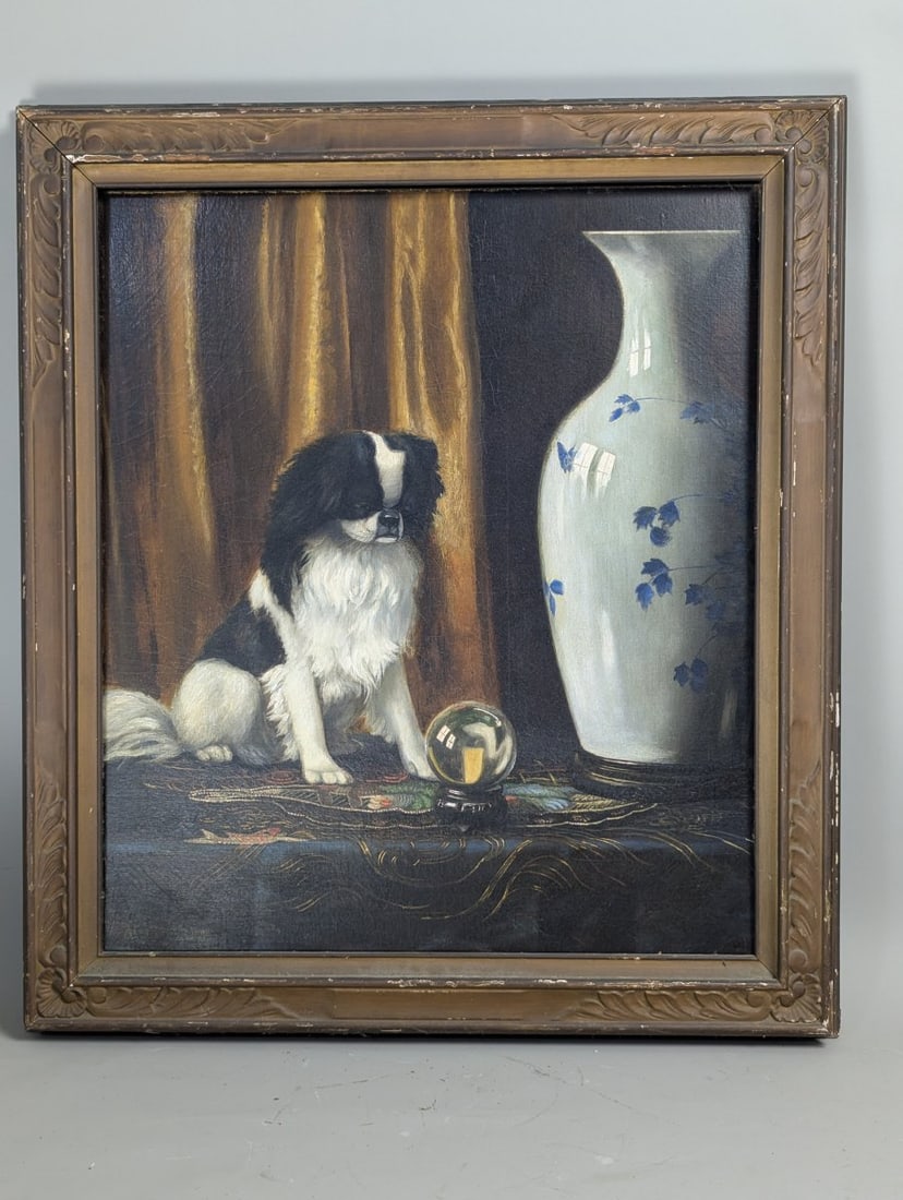 Alexander Pope Japanese Chin Oil Painting Crystal Ball Listed Artist Signed: **Important** Please read below description on how to avoid high shipping costs. Immerse yourself in this exquisite oil painting by Alexander Pope (1849-1924), depicting a Japanese Chin gazing into a