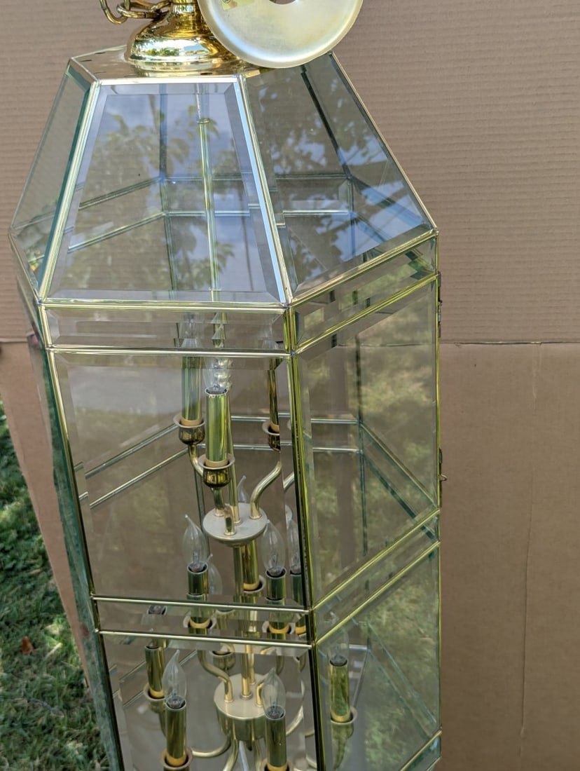 Vintage Two-Tier 12-Light Brass Beveled Glass Foyer Chandelier Stunning Lighting Fixture - 2