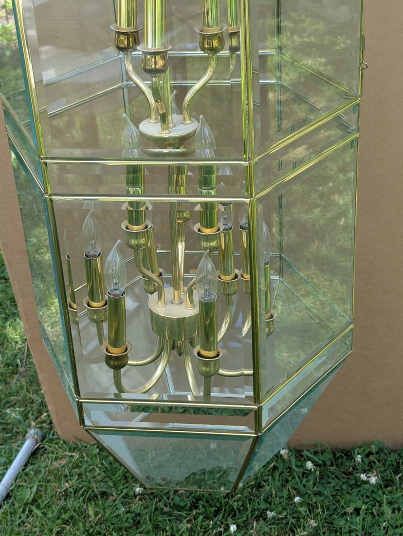 Vintage Two-Tier 12-Light Brass Beveled Glass Foyer Chandelier Stunning Lighting Fixture - 4