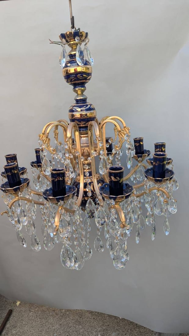 Turkish Cobalt Blue Pottery Chandelier with Brass and Crystal Prisms (1 of 9)