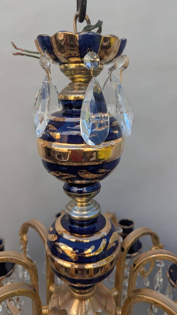 Turkish Cobalt Blue Pottery Chandelier with Brass and Crystal Prisms - 2