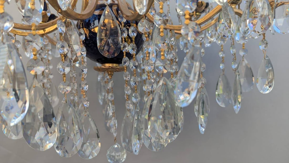 Turkish Cobalt Blue Pottery Chandelier with Brass and Crystal Prisms - 3