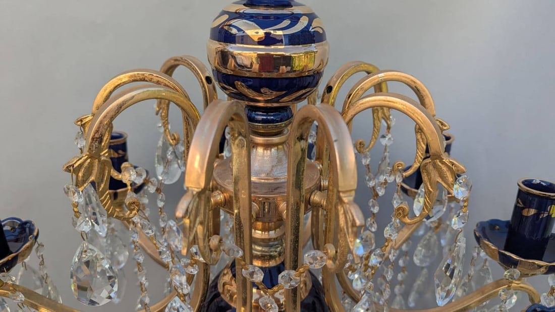Turkish Cobalt Blue Pottery Chandelier with Brass and Crystal Prisms - 4