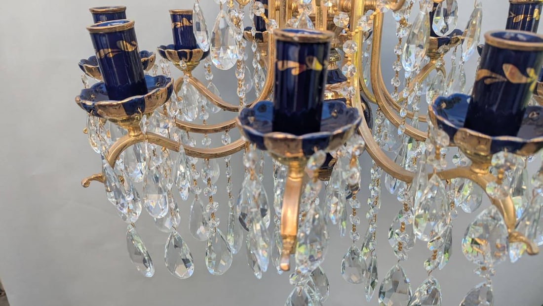 Turkish Cobalt Blue Pottery Chandelier with Brass and Crystal Prisms - 5
