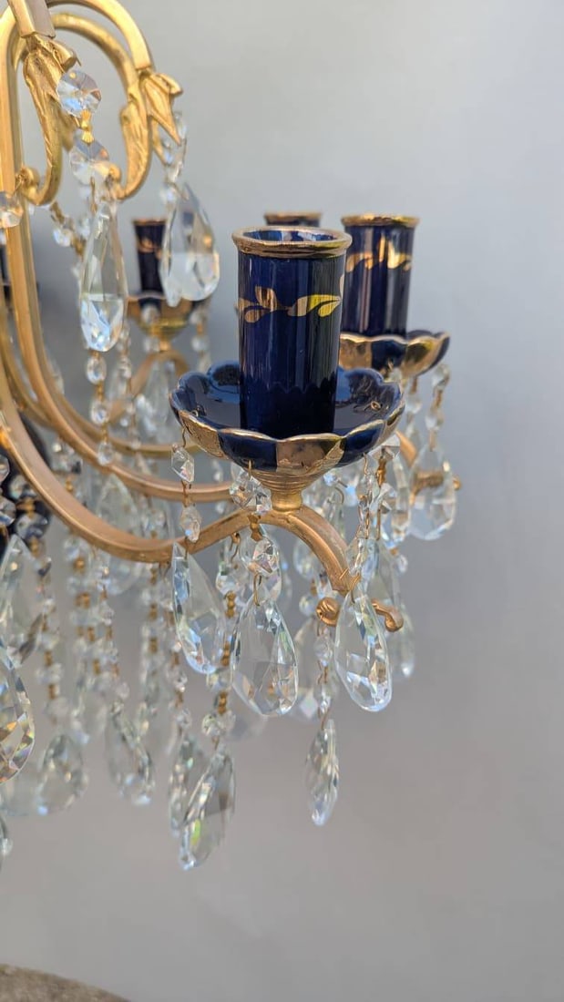 Turkish Cobalt Blue Pottery Chandelier with Brass and Crystal Prisms - 6