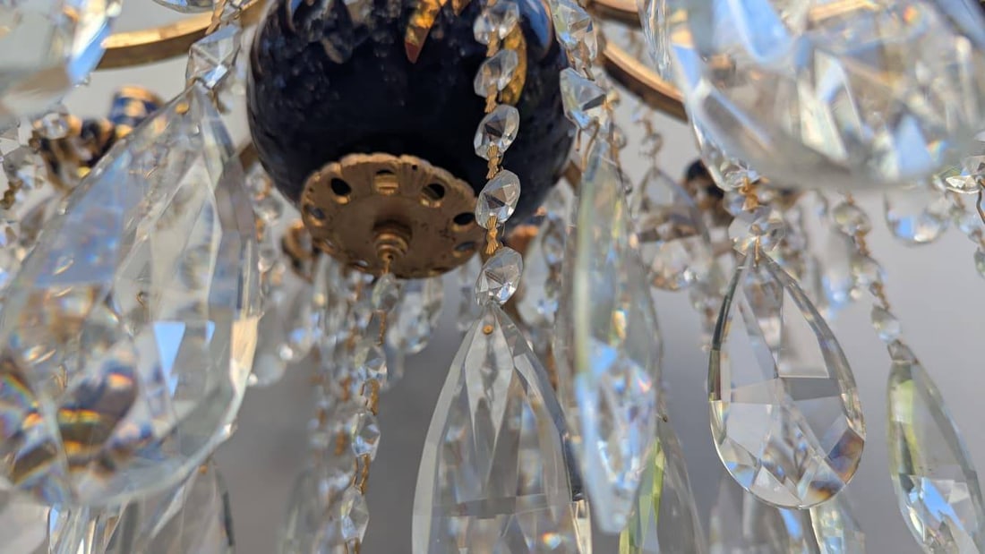 Turkish Cobalt Blue Pottery Chandelier with Brass and Crystal Prisms - 7