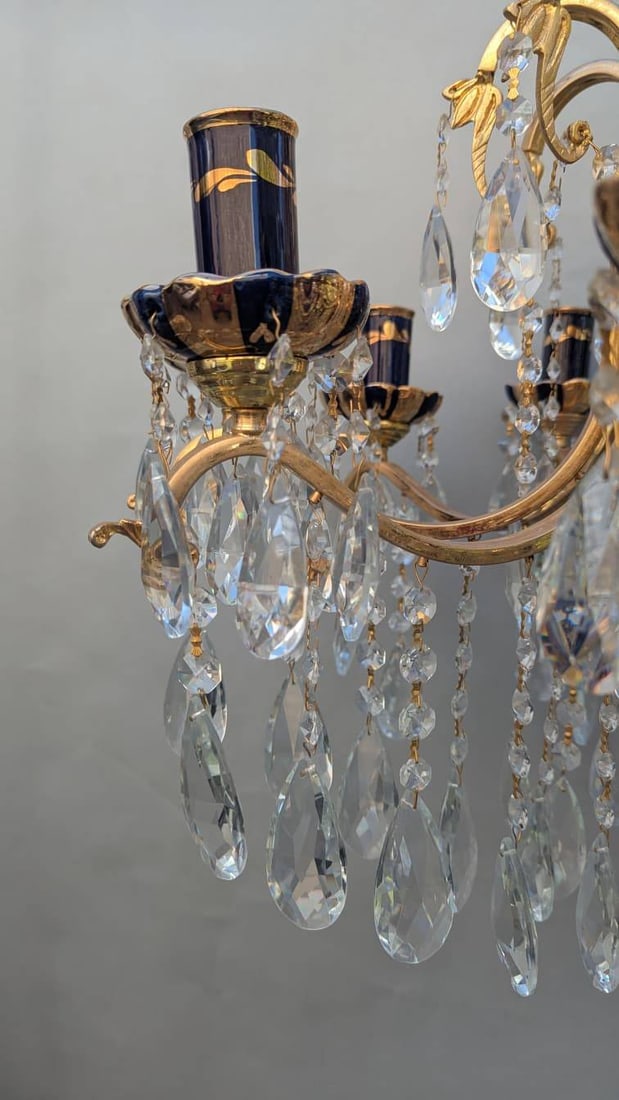 Turkish Cobalt Blue Pottery Chandelier with Brass and Crystal Prisms - 9