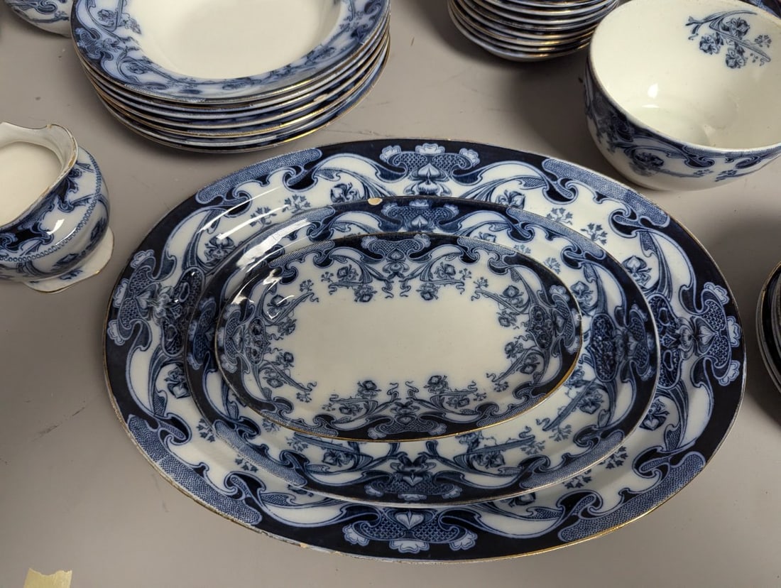 Large Lot of Royal Staffordshire Iris Flow Blue Antique Dinnerware Set - 2