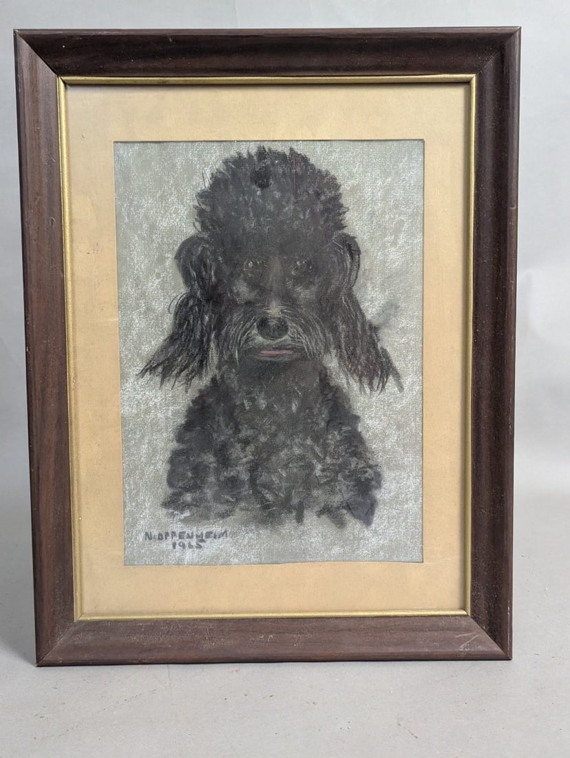 Charming Pastel Portrait of a Poodle Signed by N. Oppenheim 1965: **Important** Please read below description on how to avoid high shipping costs. This delightful pastel portrait of a poodle, signed by N. Oppenheim and dated 1965, is framed under glass with dimensio