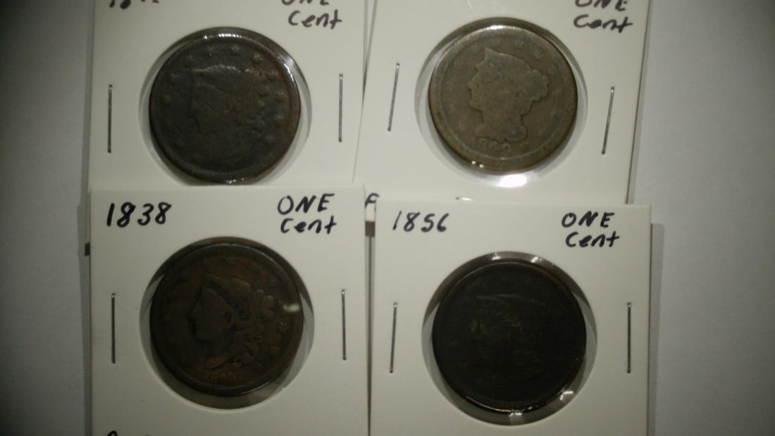 Lot of 4 19th Century US Large Cents 1838 Coronet & 1849 Braided Hair Christian Gobrecht: **Important** Please read below description on how to avoid high shipping costs. This auction features a collection of four United States Large Cents from the 19th century, perfect for both