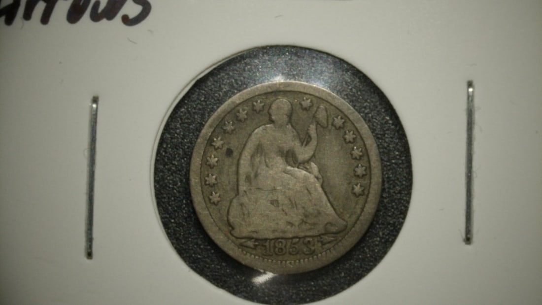 1853 Seated Liberty Half Dime with Arrows V.G. Grade - United States Mint: **Important** Please read below description on how to avoid high shipping costs. Discover this remarkable 1853 Seated Liberty Half Dime featuring the 'Arrows at Date' variety, graded as V.G. (Very Goo