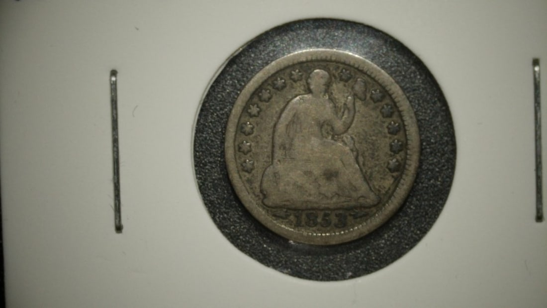1853 Seated Liberty Half Dime with Arrows - G (Good) - Christian Gobrecht Design: **Important** Please read below description on how to avoid high shipping costs. This is an 1853 Seated Liberty Half Dime, featuring the 'Arrows at Date' design. This variety was struck to indicate a 