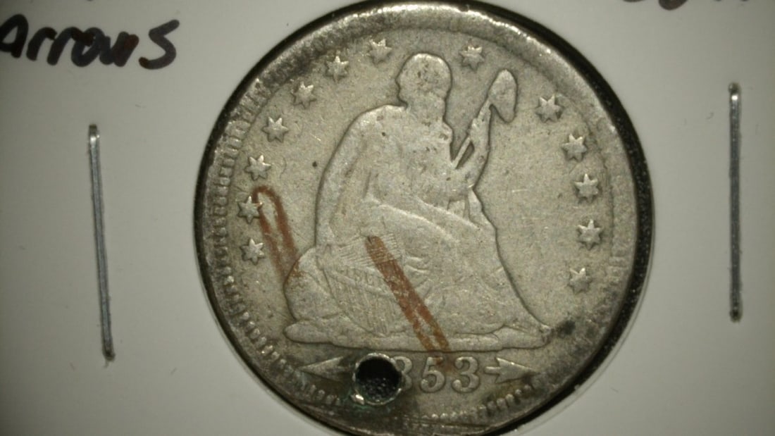 1853 Seated Liberty Quarter Dollar Arrows Rays Christian Gobrecht Poor Condition Holed: **Important** Please read below description on how to avoid high shipping costs. This is an 1853 Seated Liberty Quarter with the distinctive Arrows at the date and Rays on the reverse, a design used