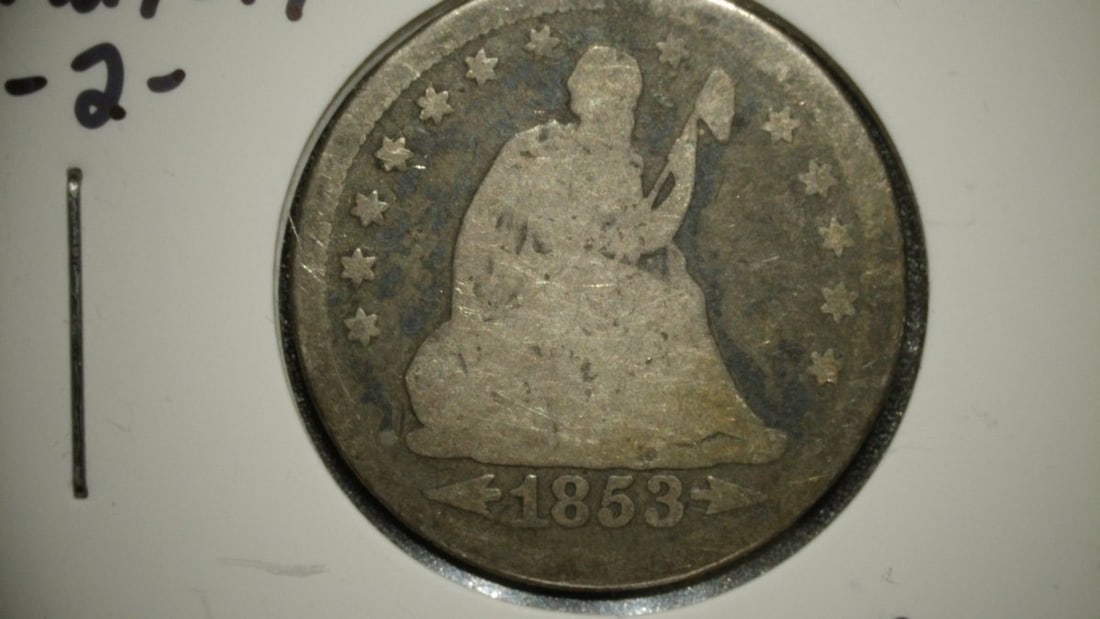 1853 Seated Liberty Quarter Dollar Arrows & Rays Good Christian Gobrecht Design: **Important** Please read below description on how to avoid high shipping costs. This is an 1853 Seated Liberty Quarter Dollar, featuring the 'Arrows & Rays' design. The obverse depicts Liberty