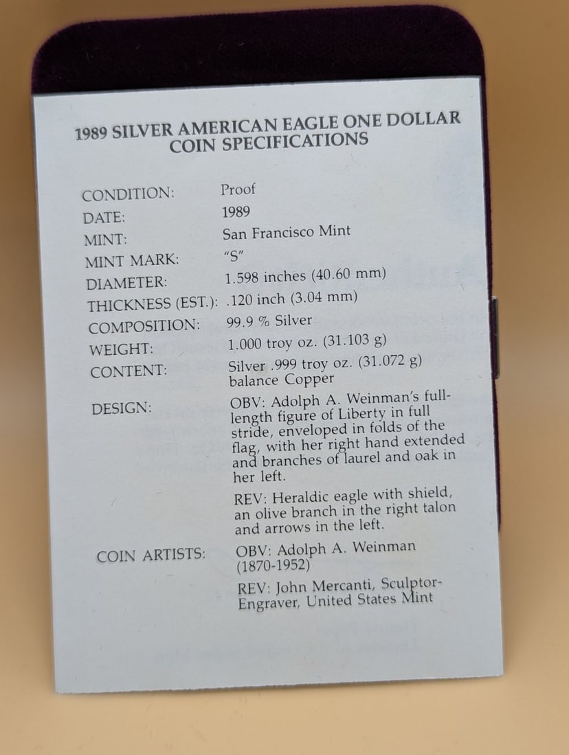 1989-S American Eagle One Ounce Silver Proof Dollar Coin by Adolph A. Weinman - 5