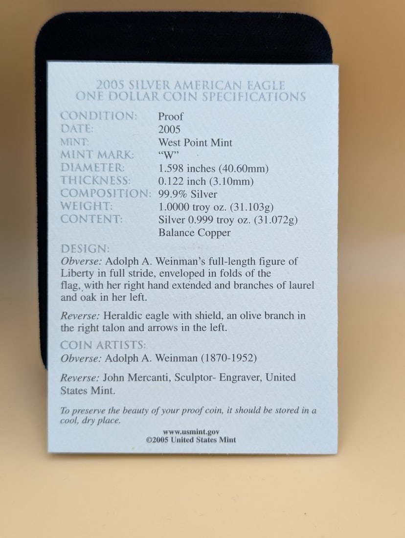 2005-W American Eagle One Ounce Silver Proof Coin by Adolph A. Weinman & John Mercanti - 5
