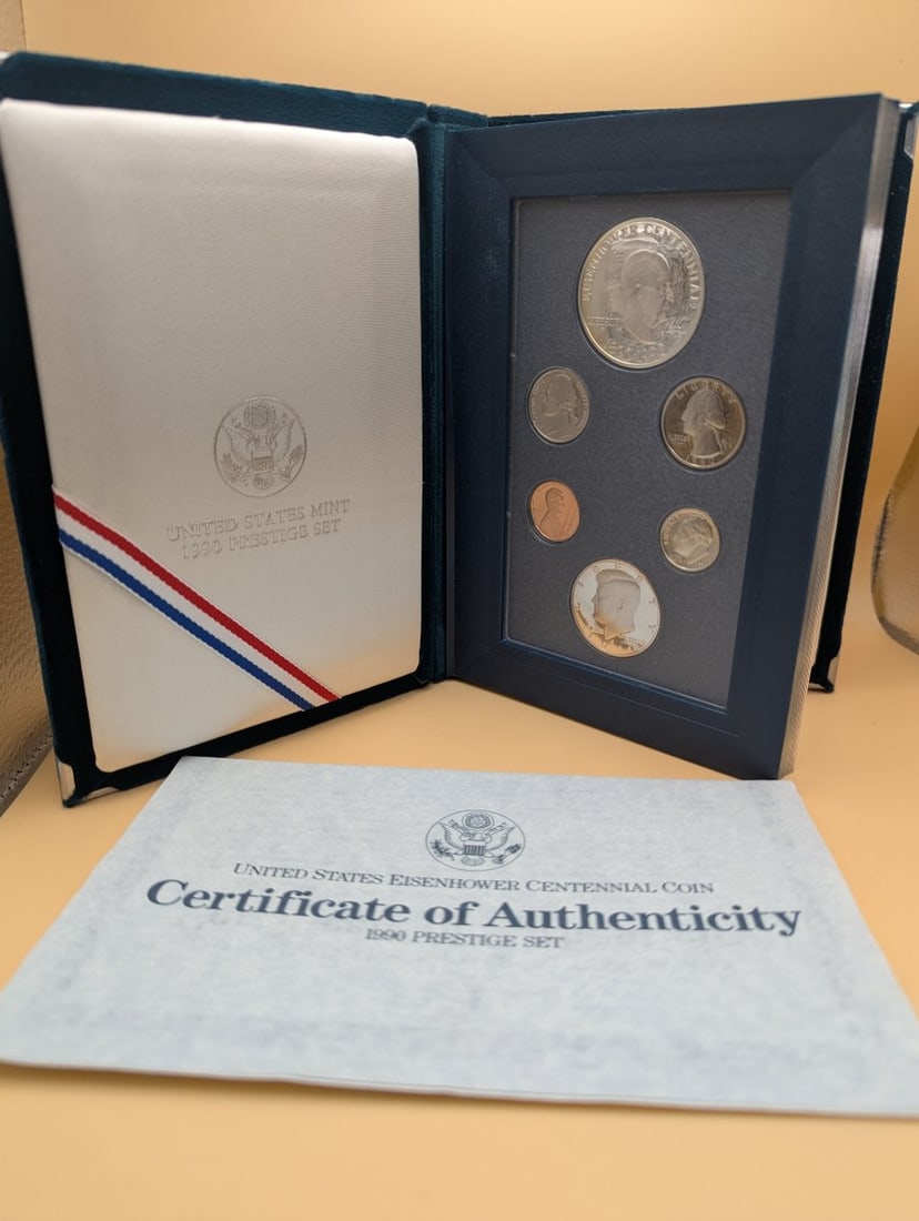 1990 United States Mint Prestige Proof Set Eisenhower Centennial Silver Dollar Excellent: **Important** Please read below description on how to avoid high shipping costs. This is the official 1990 United States Mint Prestige Proof Set, commemorating the centennial of President Dwight D.
