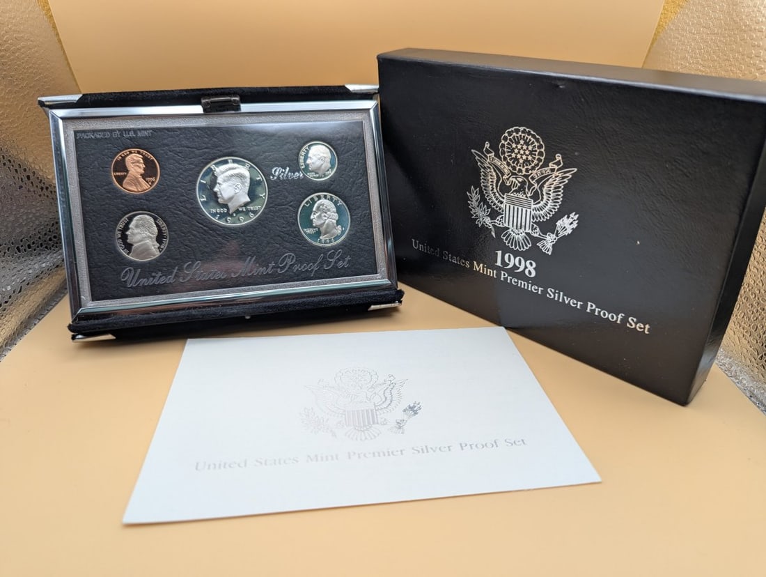 1998-S United States Mint Premier Silver Proof Set - Excellent Condition - Collector's Edition: **Important** Please read below description on how to avoid high shipping costs. This complete 1998 United States Mint Premier Silver Proof Set includes five stunning coins housed in a display lens, a