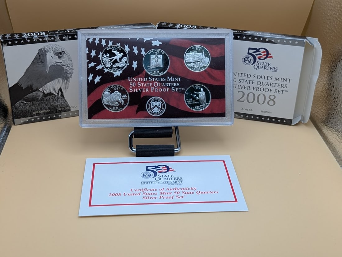 2008 United States Mint 50 State Quarters Silver Proof Set - Excellent Condition: **Important** Please read below description on how to avoid high shipping costs. This is a 2008 United States Mint 50 State Quarters Silver Proof Set. The set contains five 90% silver proof quarters c