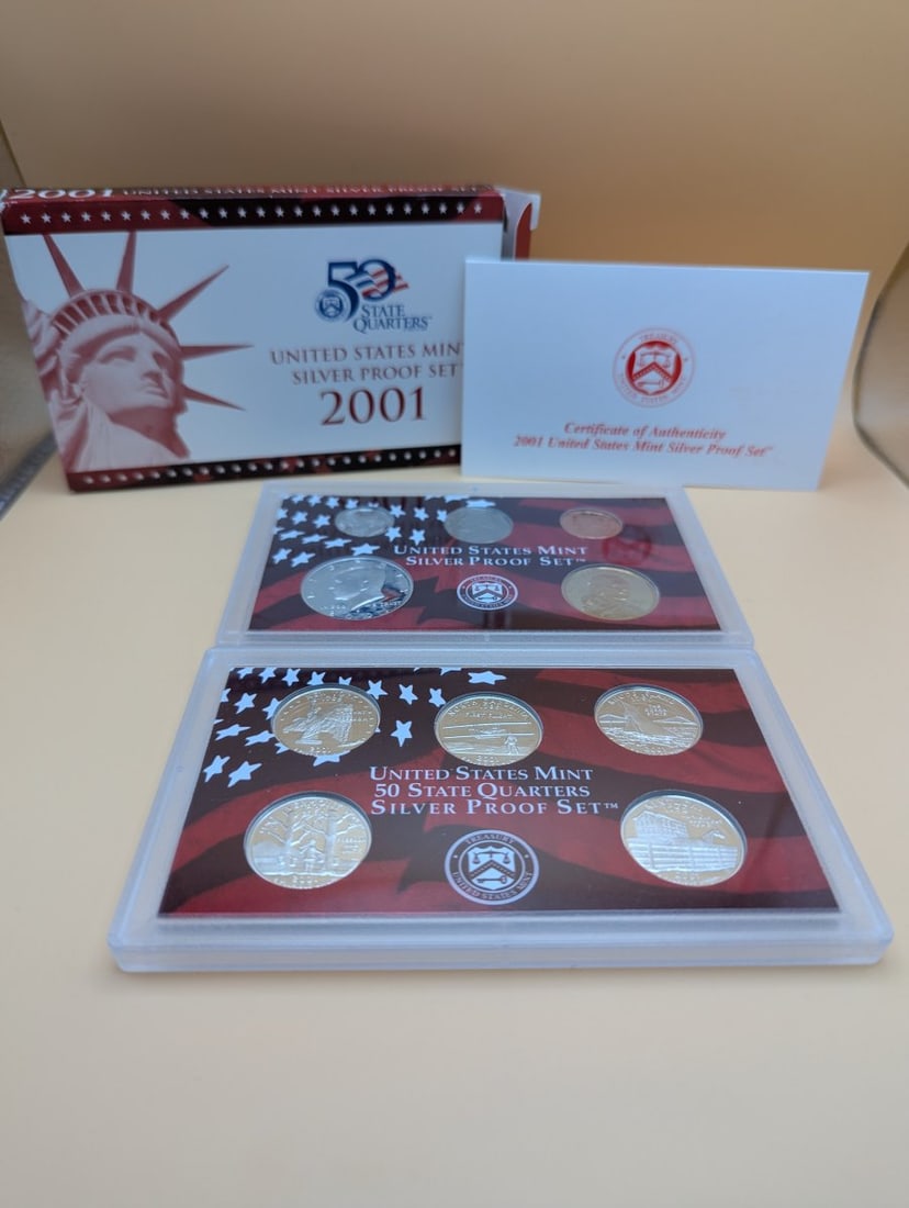 2001-S United States Mint Silver Proof Set 10 Coins Complete OGP with COA: **Important** Please read below description on how to avoid high shipping costs. This is the official 2001 Silver Proof Set issued by the U.S. Mint. It includes ten coins, all bearing the 'S' mint mar