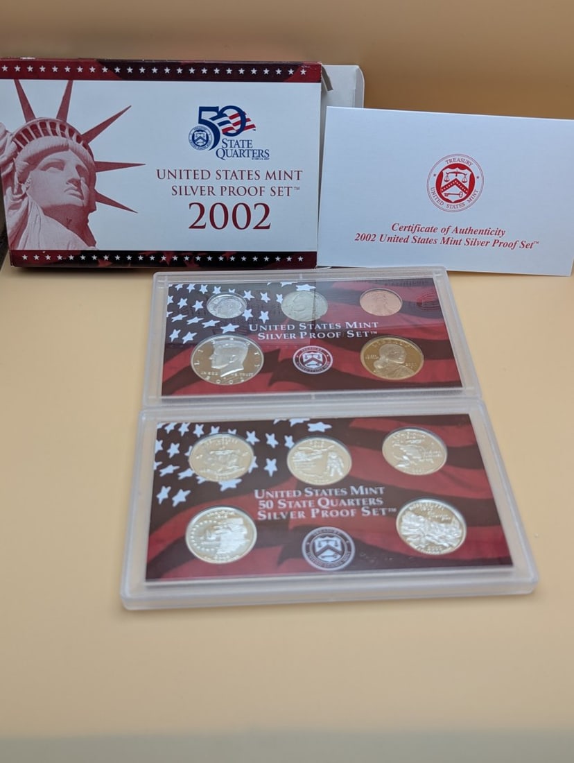 2002 United States Mint Silver Proof Set Excellent Condition with Original Packaging: **Important** Please read below description on how to avoid high shipping costs. This complete 2002 United States Mint Silver Proof Set features a stunning collection of 10 coins, including the five S