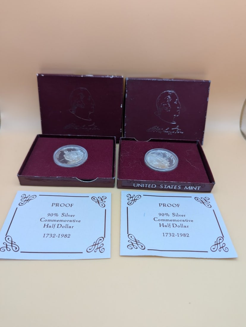 1982-S George Washington 250th Anniversary Silver Commemorative Half Dollar Proof: **Important** Please read below description on how to avoid high shipping costs. This is a lot of two 1982-S George Washington 250th Anniversary Commemorative Half Dollars. Each coin is a Proof