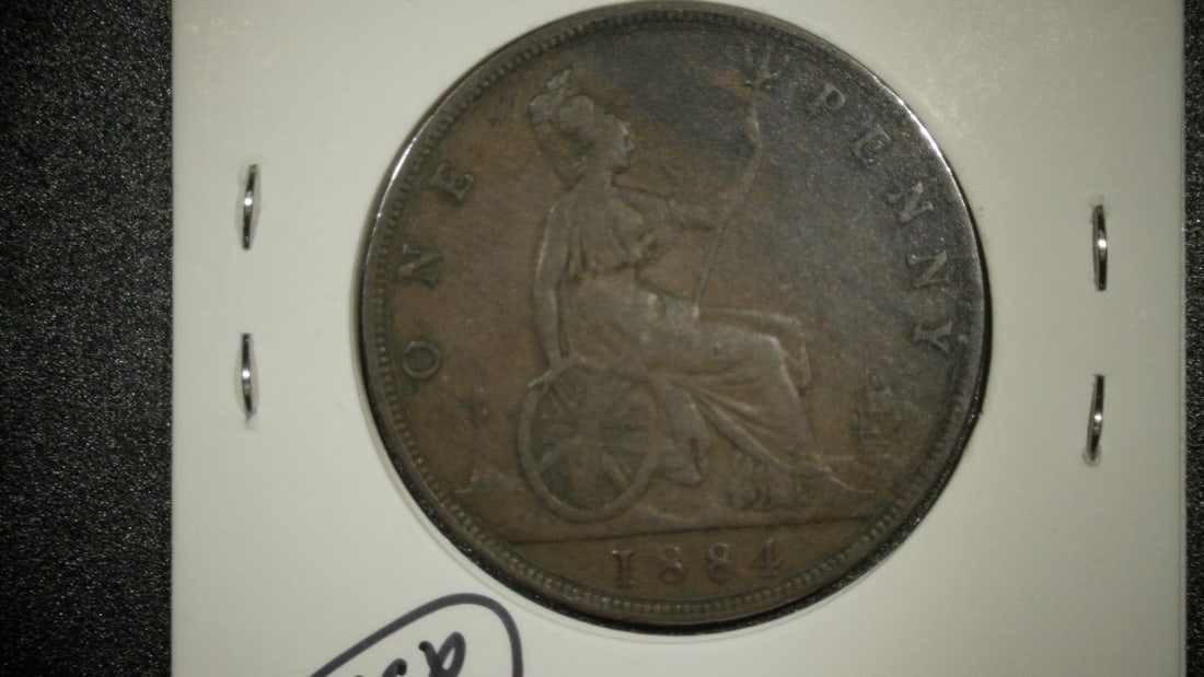 1884 Great Britain Queen Victoria One Penny Coin Very Fine Bronze Coin Leonard Wyon - 2