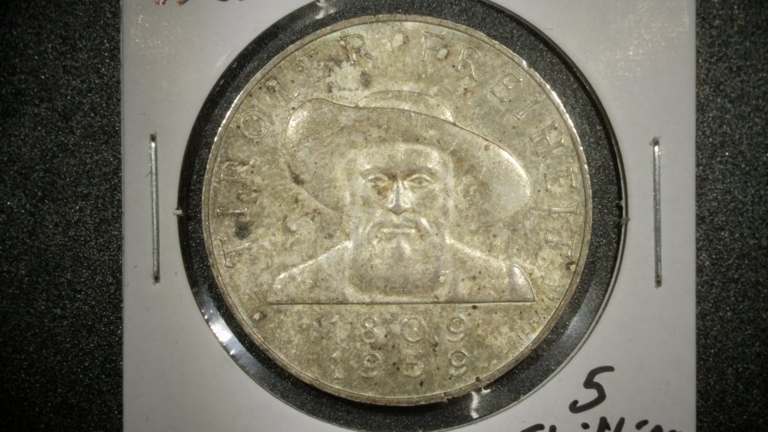 1959 Austria 50 Schilling Andreas Hofer Commemorative Silver Coin Very Fine: **Important** Please read below description on how to avoid high shipping costs. This is a 1959 commemorative 50 Schilling coin from Austria, honoring the 150th anniversary of the death of Tyrolean fr