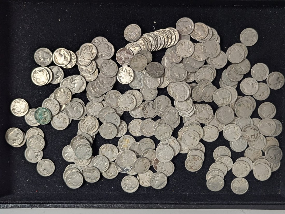Bulk Lot of 2.4 Pounds No Date U.S. Buffalo Nickels by James Earle Fraser - Fair Grade: **Important** Please read below description on how to avoid high shipping costs. Discover this bulk lot of heavily circulated U.S. Buffalo Nickels, totaling 2.4 pounds. The coins are characterized as