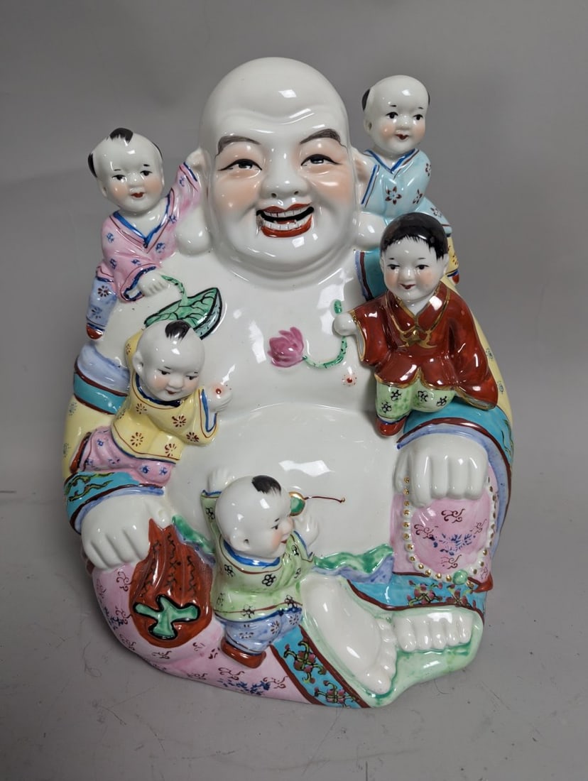 Chinese Famille Rose Porcelain Laughing Buddha Figurine with Five Children 11 High: **Important** Please read below description on how to avoid high shipping costs. This stunning Chinese Famille Rose Porcelain Laughing Buddha (Budai) figurine stands at an impressive 11 inches high, 1